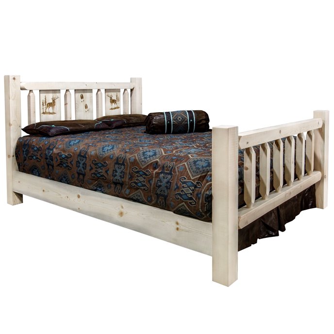 Homestead King Bed w/ Laser Engraved Elk Design - Clear Lacquer Finish Thumbnail
