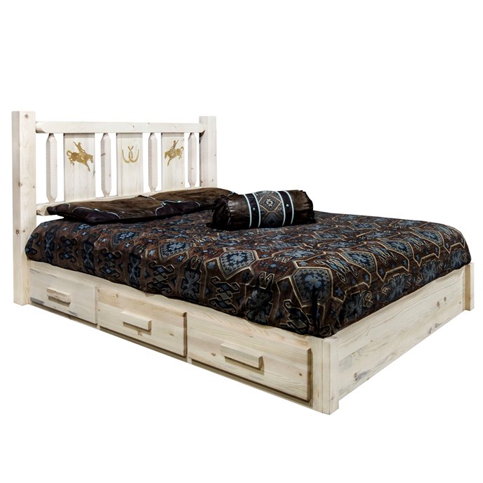 Homestead Cal King Platform Bed w/ Storage & Laser Engraved Bronc Design - Clear Lacquer Finish Thumbnail