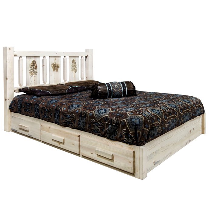 Homestead Cal King Platform Bed w/ Storage & Laser Engraved Pine Design - Clear Lacquer Finish Thumbnail