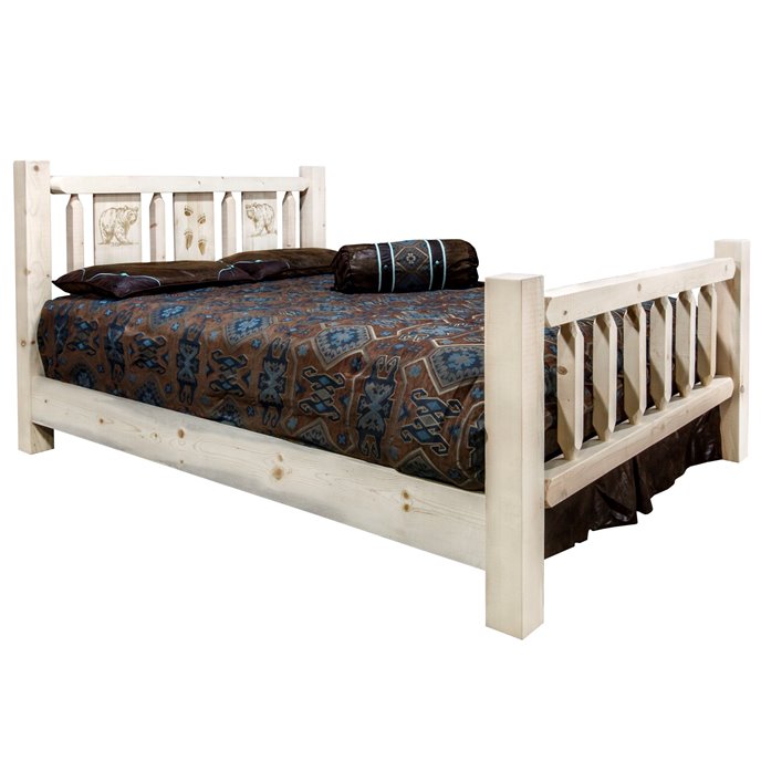 Homestead Cal King Bed w/ Laser Engraved Bear Design - Clear Lacquer Finish Thumbnail