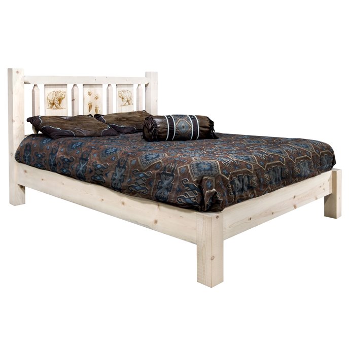 Homestead Cal King Platform Bed w/ Laser Engraved Bear Design - Clear Lacquer Finish Thumbnail