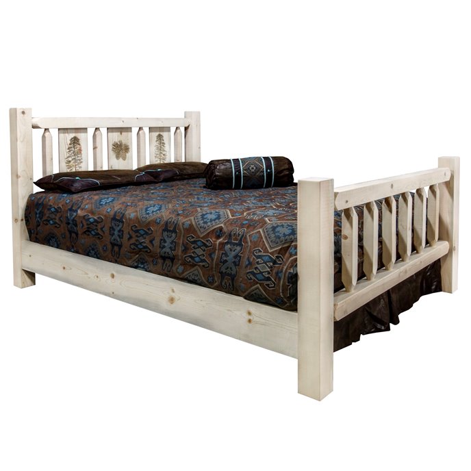 Homestead Cal King Bed w/ Laser Engraved Pine Tree Design - Clear Lacquer Finish Thumbnail