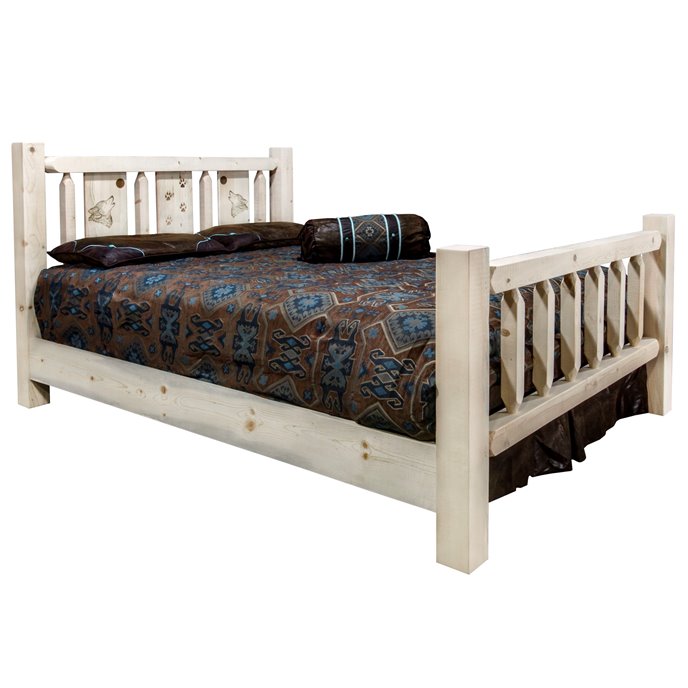 Homestead King Bed w/ Laser Engraved Wolf Design - Clear Lacquer Finish Thumbnail