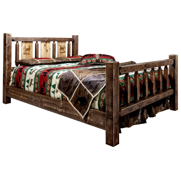 Homestead King Bed w/ Laser Engraved Elk Design - Stain & Clear Lacquer Finish Thumbnail