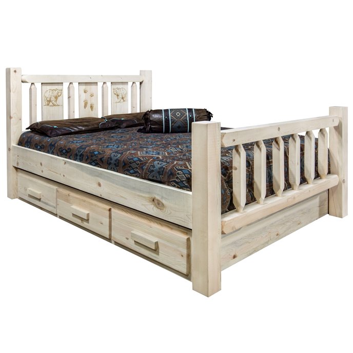 Homestead Queen Storage Bed w/ Laser Engraved Bear Design - Clear Lacquer Finish Thumbnail