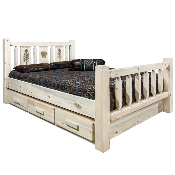 Homestead King Storage Bed w/ Laser Engraved Pine Design - Clear Lacquer Finish Thumbnail