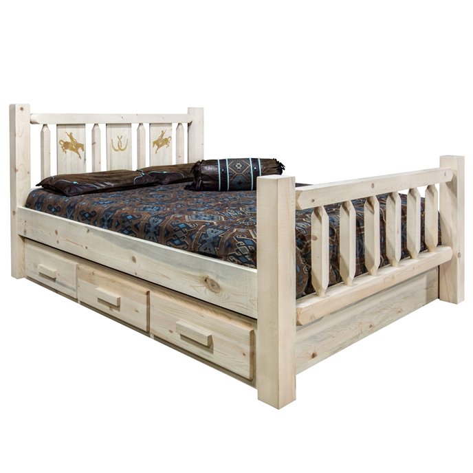 Homestead Full Storage Bed w/ Laser Engraved Bronc Design - Clear Lacquer Finish Thumbnail