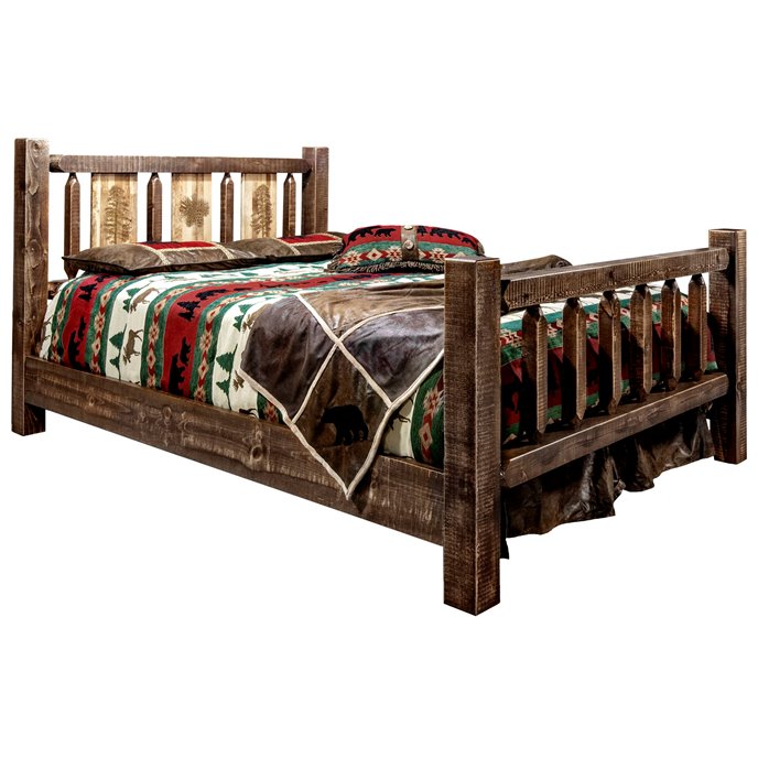 Homestead Cal King Bed w/ Laser Engraved Pine Tree Design - Stain & Clear Lacquer Finish Thumbnail