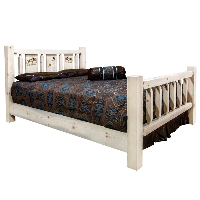 Homestead King Bed w/ Laser Engraved Moose Design - Clear Lacquer Finish Thumbnail