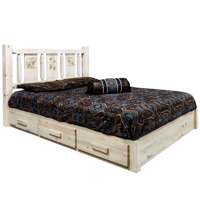 Homestead Cal King Platform Bed w/ Storage & Laser Engraved Bear Design - Clear Lacquer Finish Thumbnail