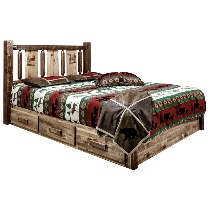 Homestead King Platform Bed w/ Storage & Laser Engraved Elk Design - Stain & Clear Lacquer Finish Thumbnail
