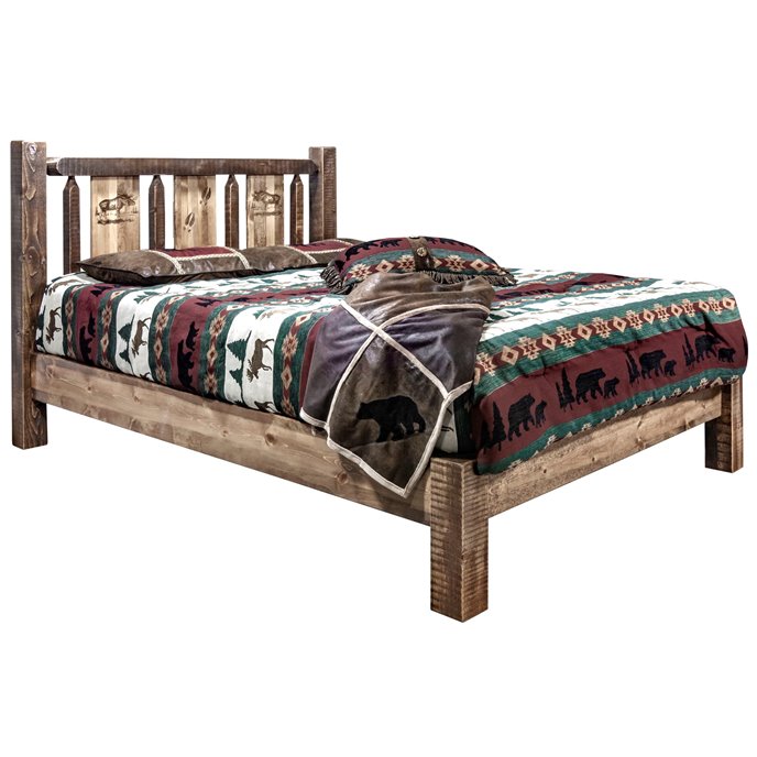 Homestead King Platform Bed w/ Laser Engraved Moose Design - Stain & Clear Lacquer Finish Thumbnail