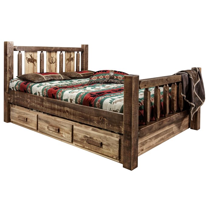 Homestead King Storage Bed w/ Laser Engraved Bronc Design - Stain & Clear Lacquer Finish Thumbnail