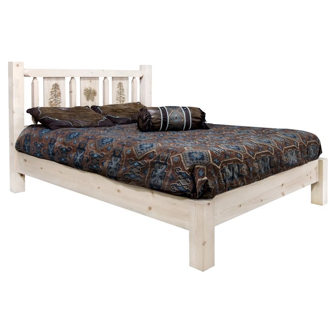 Homestead King Platform Bed w/ Laser Engraved Pine Tree Design - Clear Lacquer Finish Thumbnail