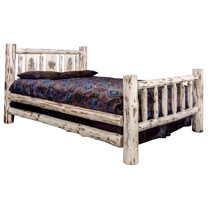 Montana Cal King Bed w/ Laser Engraved Pine Tree Design - Clear Lacquer Finish Thumbnail