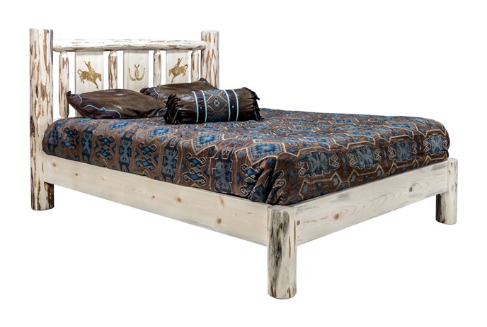 Montana Queen Platform Bed w/ Laser Engraved Bronc Design - Clear Lacquer Finish Thumbnail
