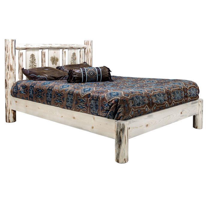 Montana Twin Platform Bed w/ Laser Engraved Pine Tree Design - Clear Lacquer Finish Thumbnail