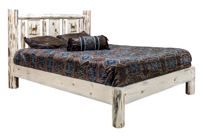 Montana Queen Platform Bed w/ Laser Engraved Elk Design - Clear Lacquer Finish Thumbnail
