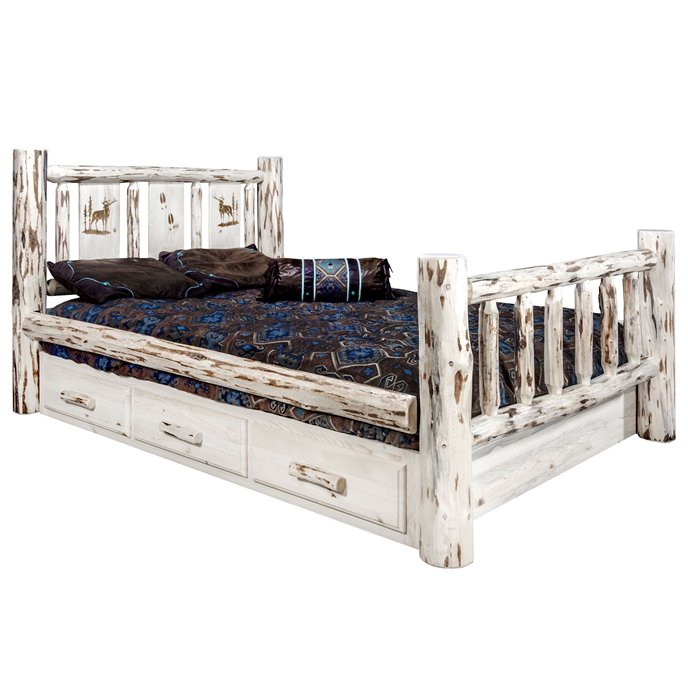 Montana King Storage Bed w/ Laser Engraved Elk Design - Clear Lacquer Finish Thumbnail
