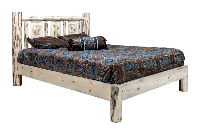 Montana Cal King Platform Bed w/ Laser Engraved Bear Design - Clear Lacquer Finish Thumbnail