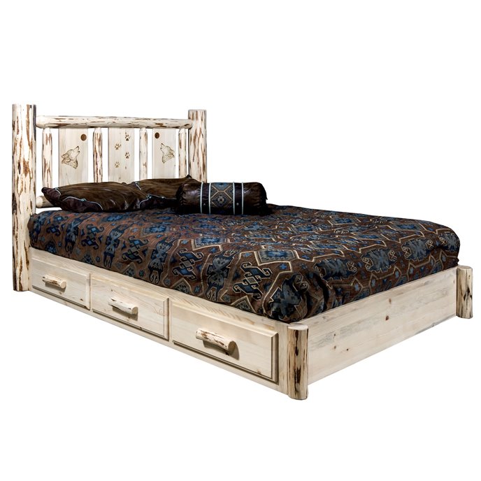Montana King Platform Bed w/ Storage & Laser Engraved Wolf Design - Clear Lacquer Finish Thumbnail