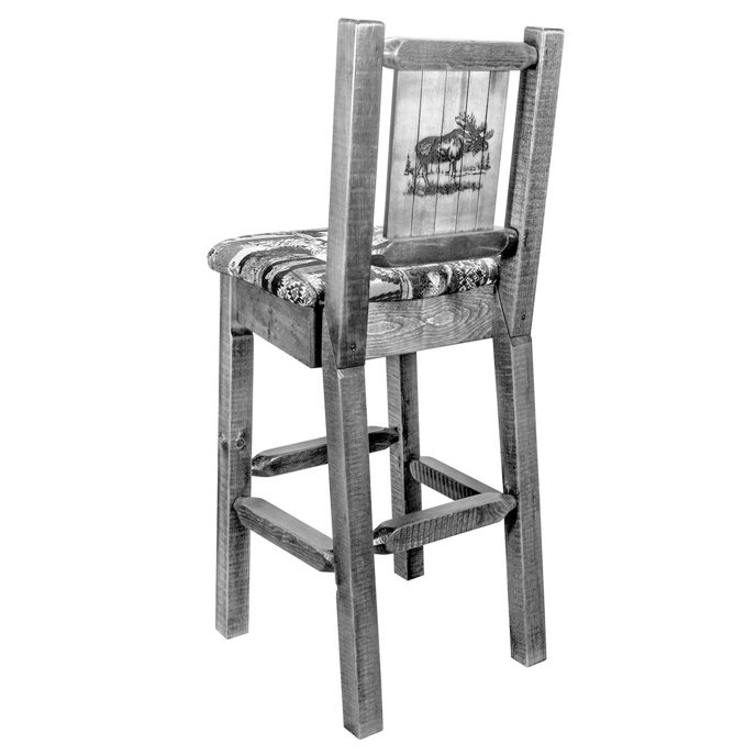 Homestead Barstool w/ Back, Woodland Upholstery Seat & Laser Engraved Moose Design - Clear Lacquer Finish Thumbnail