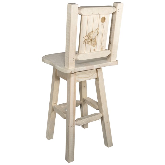 Homestead Counter Height Barstool w/ Back, Swivel, & Laser Engraved Wolf Design - Clear Lacquer Finish Thumbnail