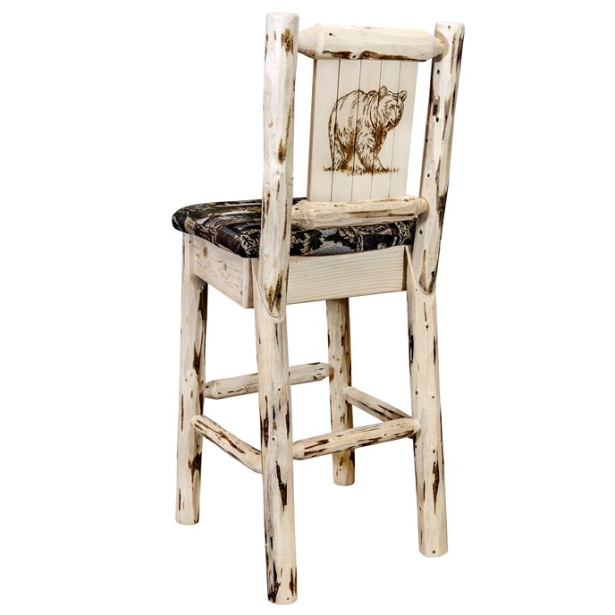 Montana Barstool w/ Back, Woodland Upholstery Seat & Laser Engraved Bear Design - Clear Lacquer Finish Thumbnail