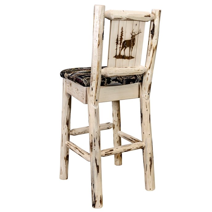 Montana Barstool w/ Back, Woodland Upholstery Seat & Laser Engraved Elk Design - Clear Finish Thumbnail