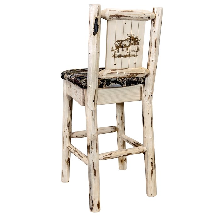 Montana Barstool w/ Back, Woodland Upholstery Seat & Laser Engraved Moose Design - Clear Lacquer Finish Thumbnail