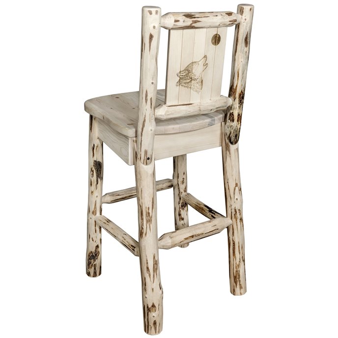 Montana Barstool w/ Back & Laser Engraved Wolf Design - Clear Lacquer Finish Thumbnail