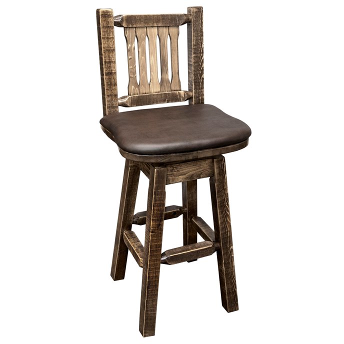 Homestead Barstool w/ Back, Swivel & Upholstered Seat in Saddle Pattern - Stain & Clear Lacquer Finish Thumbnail