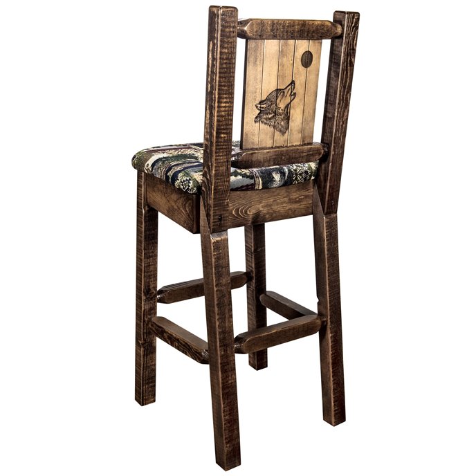 Homestead Barstool w/ Back, Woodland Upholstery Seat & Laser Engraved Wolf Design - Stain & Lacquer Finish Thumbnail