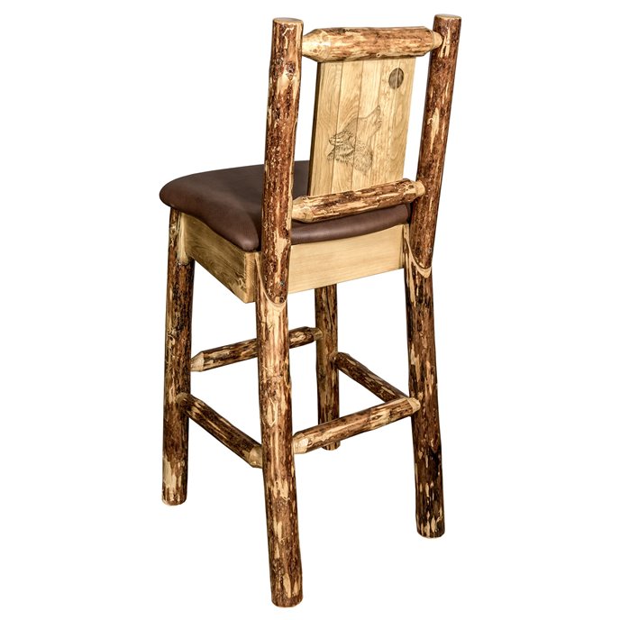 Glacier Counter Height Barstool w/ Back, Saddle Upholstery & Laser Engraved Wolf Design Thumbnail