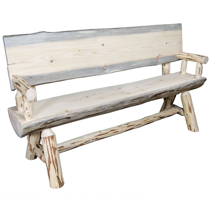 Montana Half Log 5 Foot Bench w/ Back & Arms - Clear Lacquer Finish Thumbnail