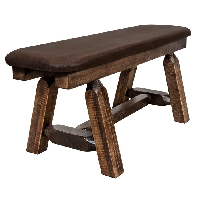 Homestead Plank Style 45 Inch Bench w/ Saddle Upholstery - Stain & Clear Lacquer Finish Thumbnail