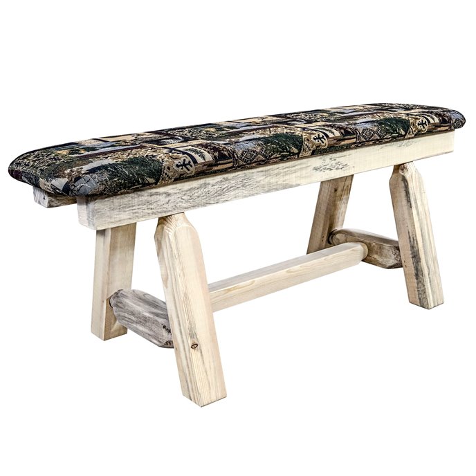 Homestead Plank Style 45 Inch Bench w/ Woodland Upholstery - Clear Lacquer Finish Thumbnail