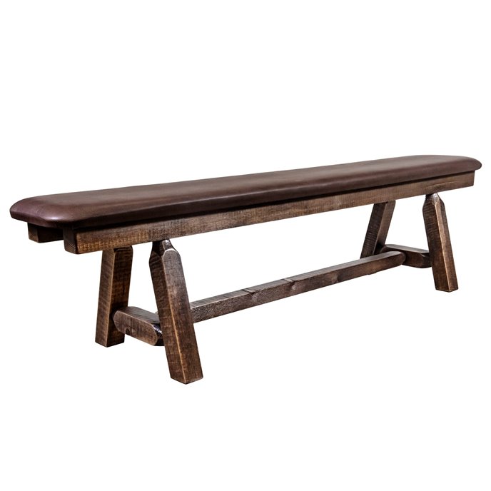 Homestead Plank Style 6 Foot Bench w/ Saddle Upholstery - Stain & Clear Lacquer Finish Thumbnail