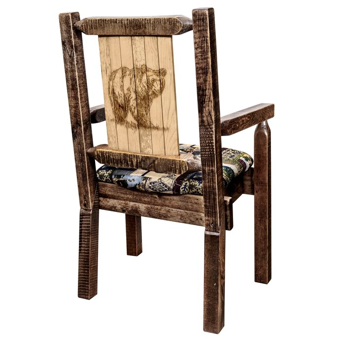 Homestead Captain's Chair w/ Woodland Upholstery & Laser Engraved Bear Design -  Stain & Lacquer Finish Thumbnail