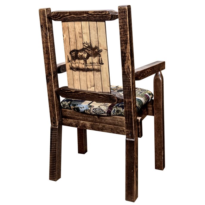 Homestead Captain's Chair w/ Woodland Upholstery & Engraved Moose Design - Stain & Clear Finish Thumbnail