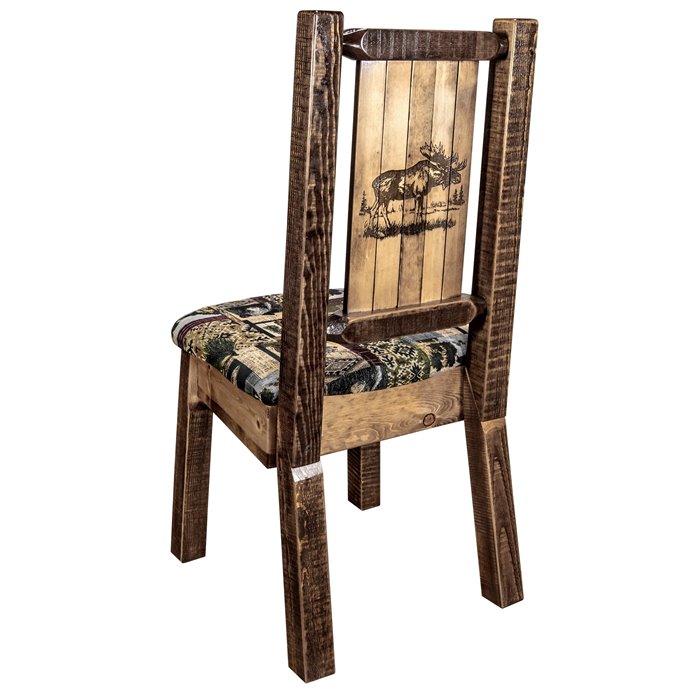 Homestead Side Chair w/ Woodland Upholstery & Laser Engraved Moose Design - Stain & Lacquer Finish Thumbnail