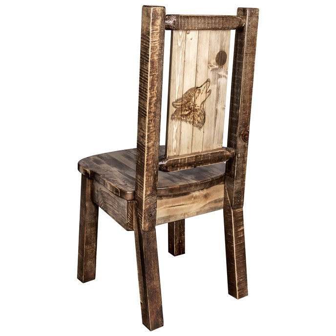 Homestead Side Chair w/ Woodland Upholstery & Laser Engraved Wolf Design - Stain & Lacquer Finish Thumbnail