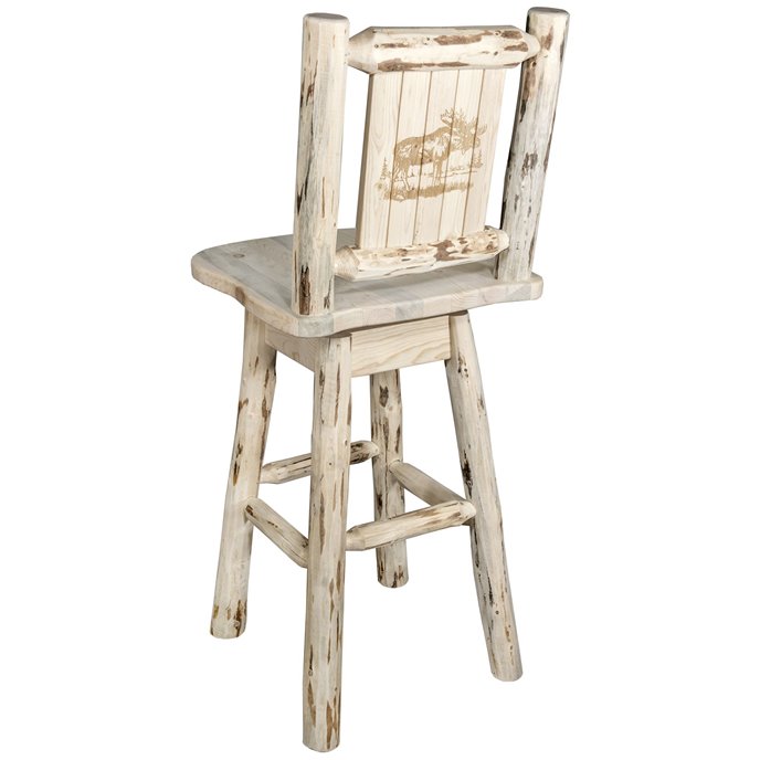 Montana Barstool w/ Back, Swivel, & Laser Engraved Moose Design - Clear Lacquer Finish Thumbnail