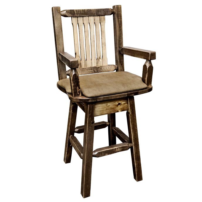 Homestead Captain's Barstool w/ Back, Swivel, & Upholstered Seat in Buckskin Pattern - Stain & Lacquer Finish Thumbnail