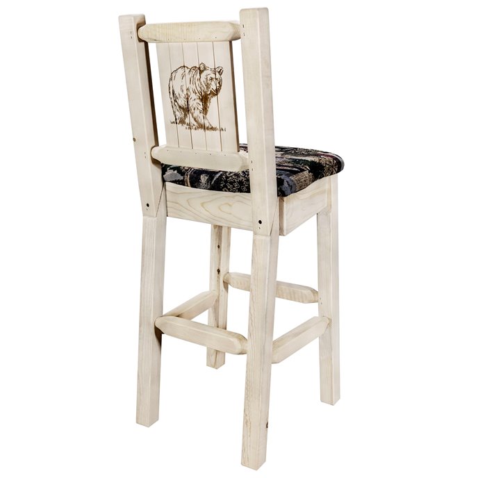 Homestead Barstool w/ Back, Woodland Upholstery Seat & Laser Engraved Bear Design - Clear Lacquer Finish Thumbnail