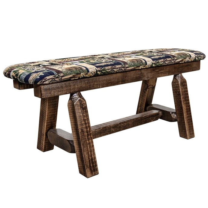 Homestead Plank Style 45 Inch Bench w/ Woodland Upholstery - Stain & Clear Lacquer Finish Thumbnail