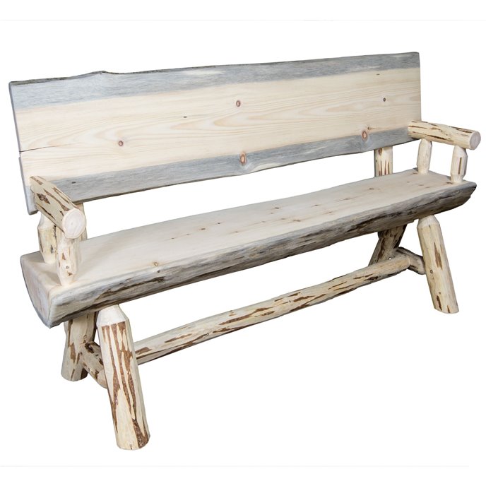 Montana Half Log 4 Foot Bench w/ Back & Arms - Clear Lacquer Finish Thumbnail
