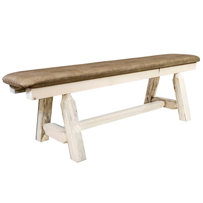 Homestead Plank Style 5 Foot Bench w/ Buckskin Upholstery - Clear Lacquer Finish Thumbnail