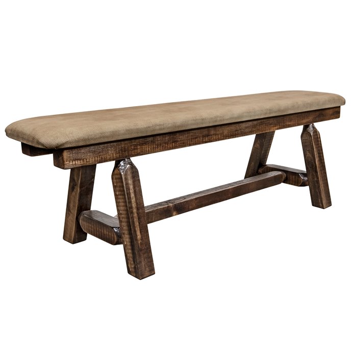 Homestead Plank Style 5 Foot Bench w/ Buckskin Upholstery - Stain & Clear Lacquer Finish Thumbnail