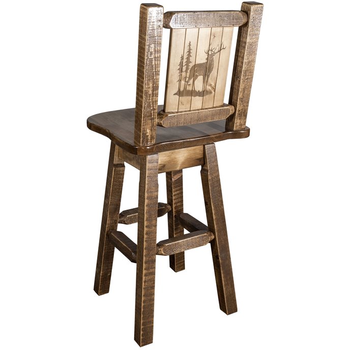 Homestead Counter Height Barstool w/ Back, Swivel, & Laser Engraved Elk Design - Stain & Lacquer Finish Thumbnail